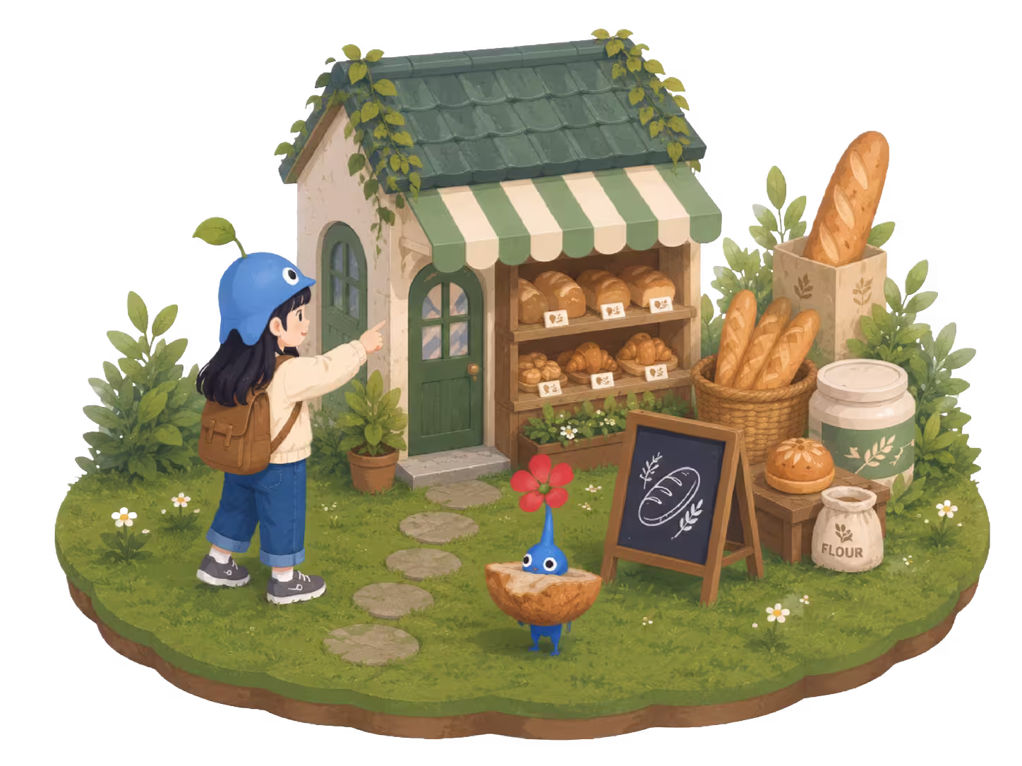 Girl visiting a bakery storefront with Bakery Decor Pikmin-style companions