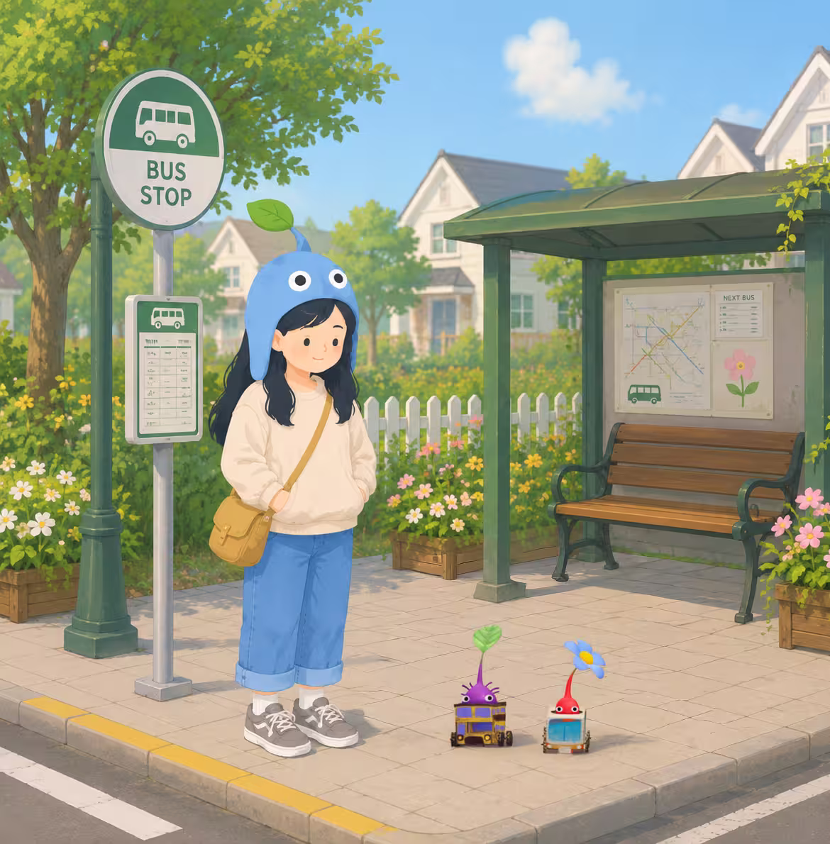 Girl at a bus stop with Bus Stop Decor Pikmin-style companions