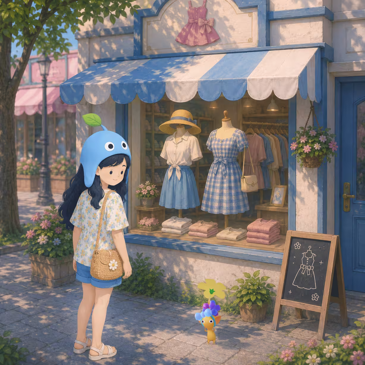 Girl at a clothes store with Clothes Store Decor Pikmin-style companions