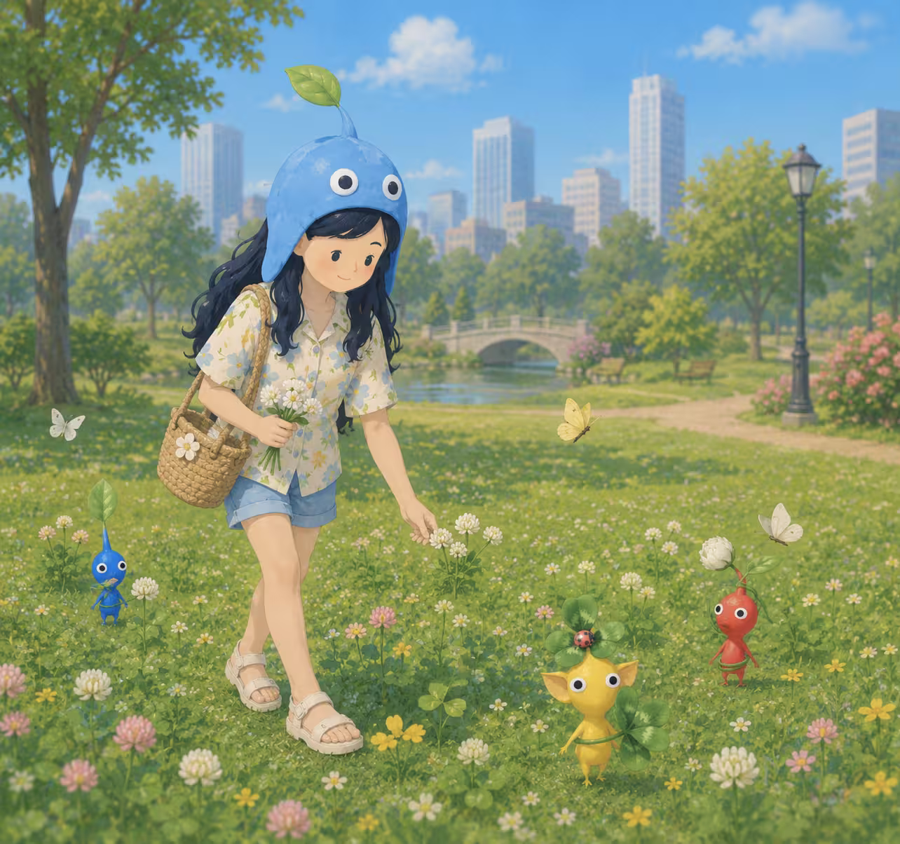 Girl at a park with Park Decor Pikmin-style companions
