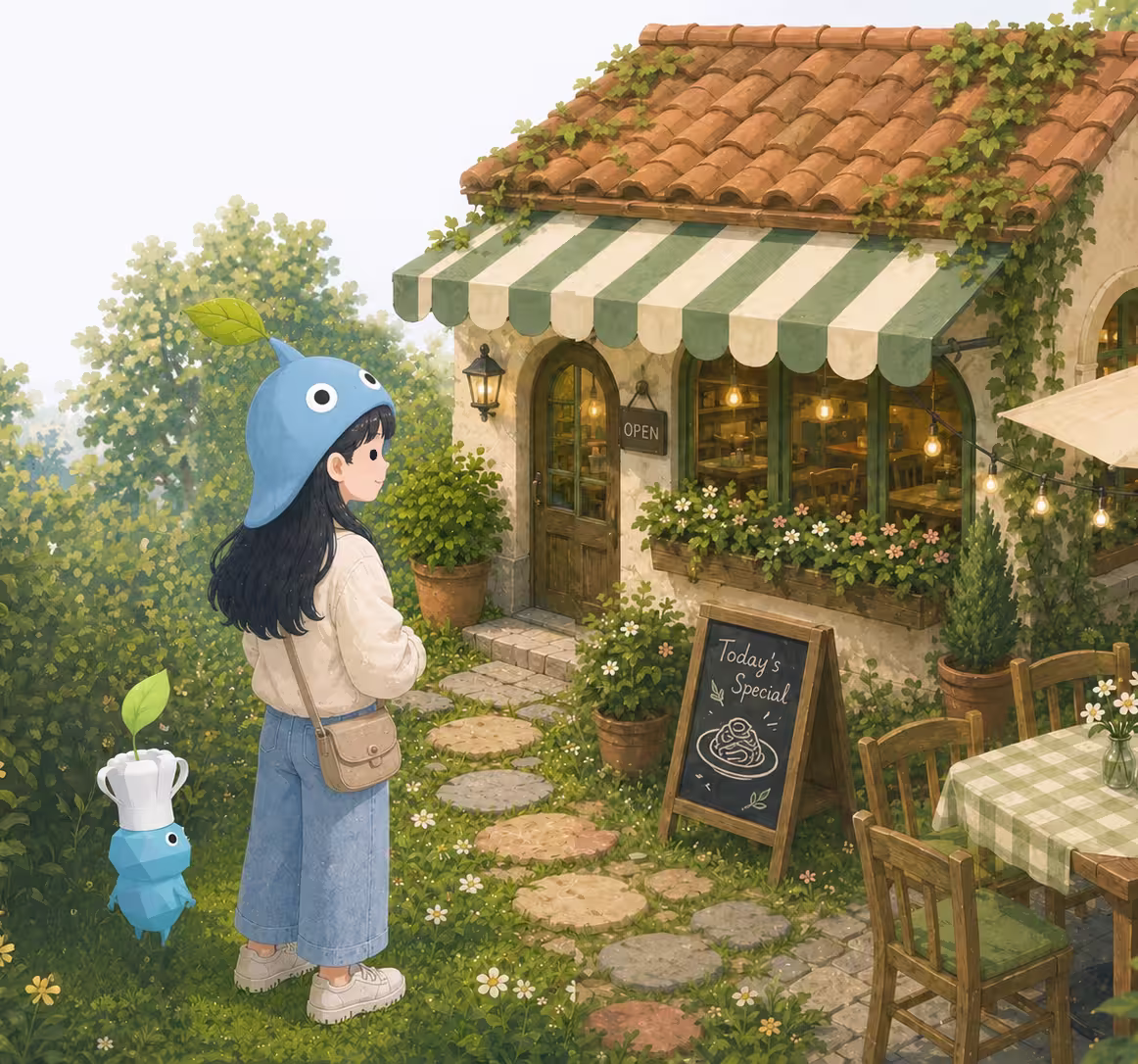Girl visiting a restaurant with Restaurant Decor Pikmin-style companions