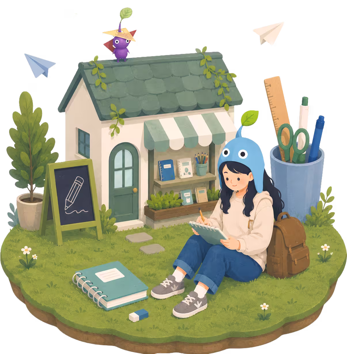 Girl holding stationery with Pikmin Bloom stationery decor items
