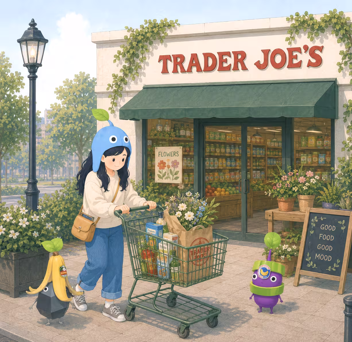 Girl at a supermarket with Supermarket Decor Pikmin-style companions
