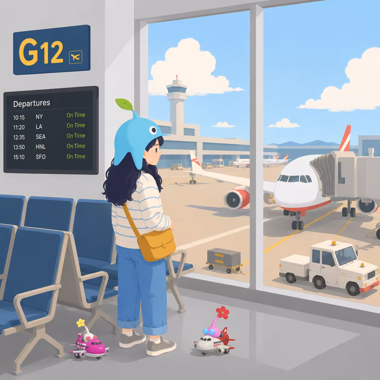 Girl at an airport with Airport Decor Pikmin-style companions