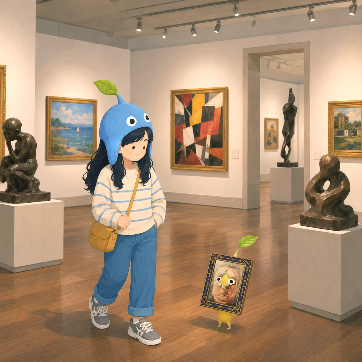Girl at an art gallery with Art Gallery Decor Pikmin-style companions