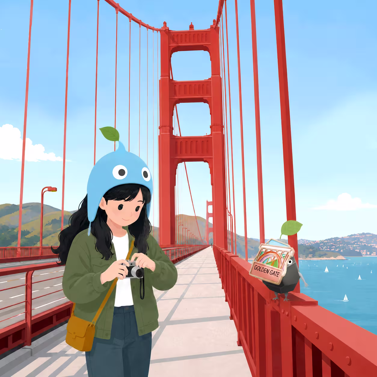 Girl near a bridge with Bridge Decor Pikmin-style companions