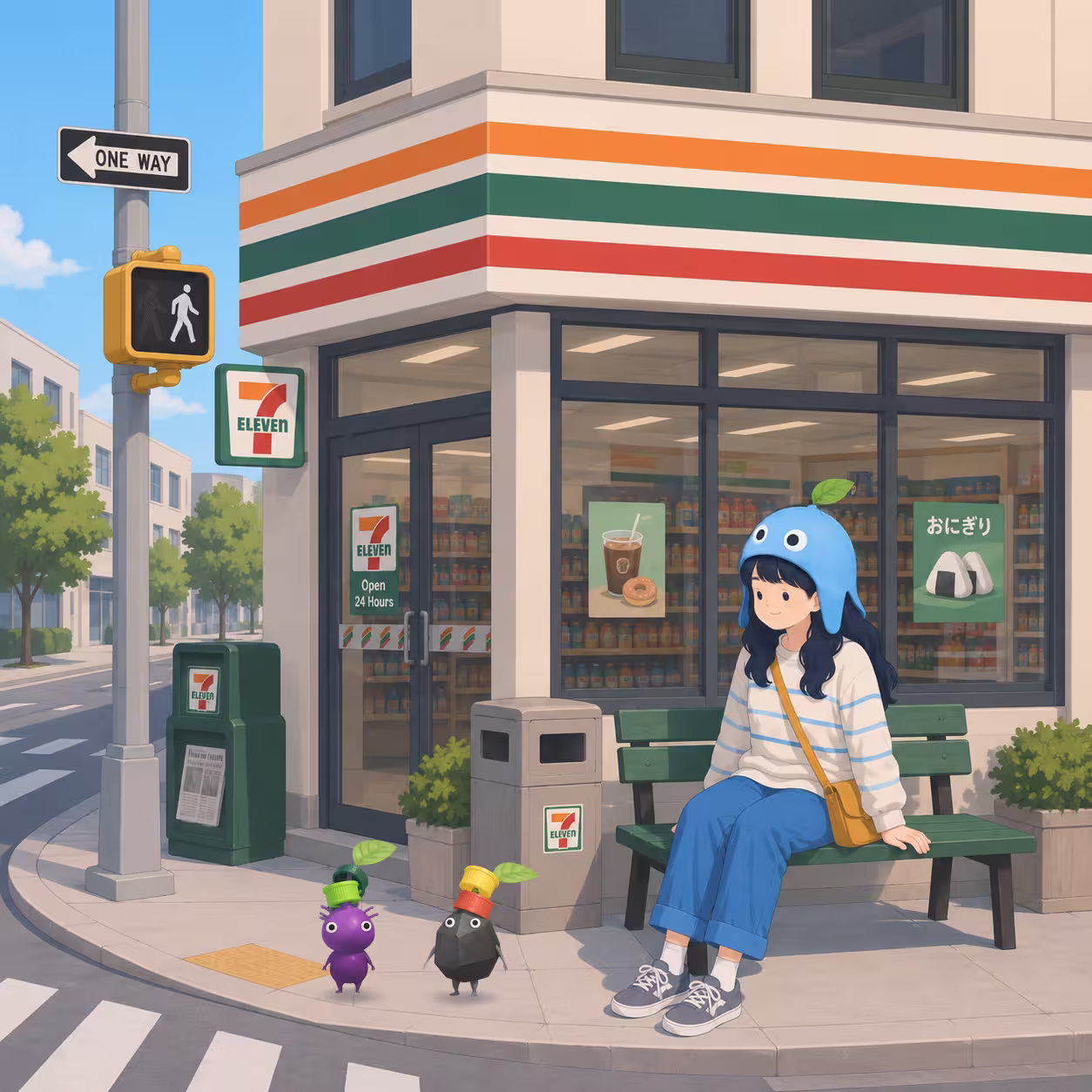 Girl at a corner store with Corner Store Decor Pikmin-style companions