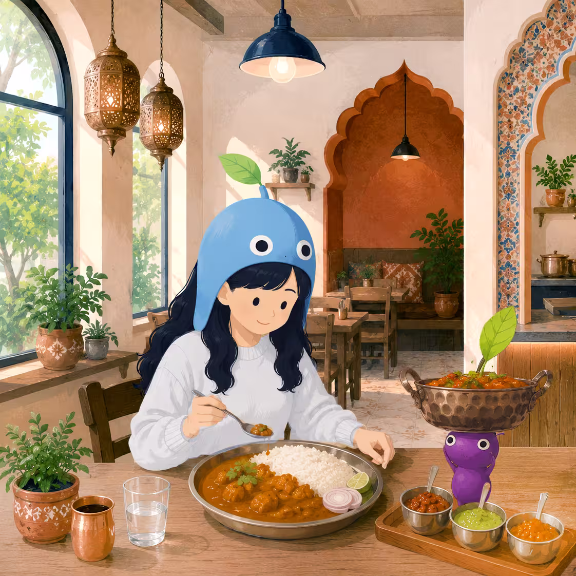 Girl at a curry restaurant with Curry Restaurant Decor Pikmin-style companions