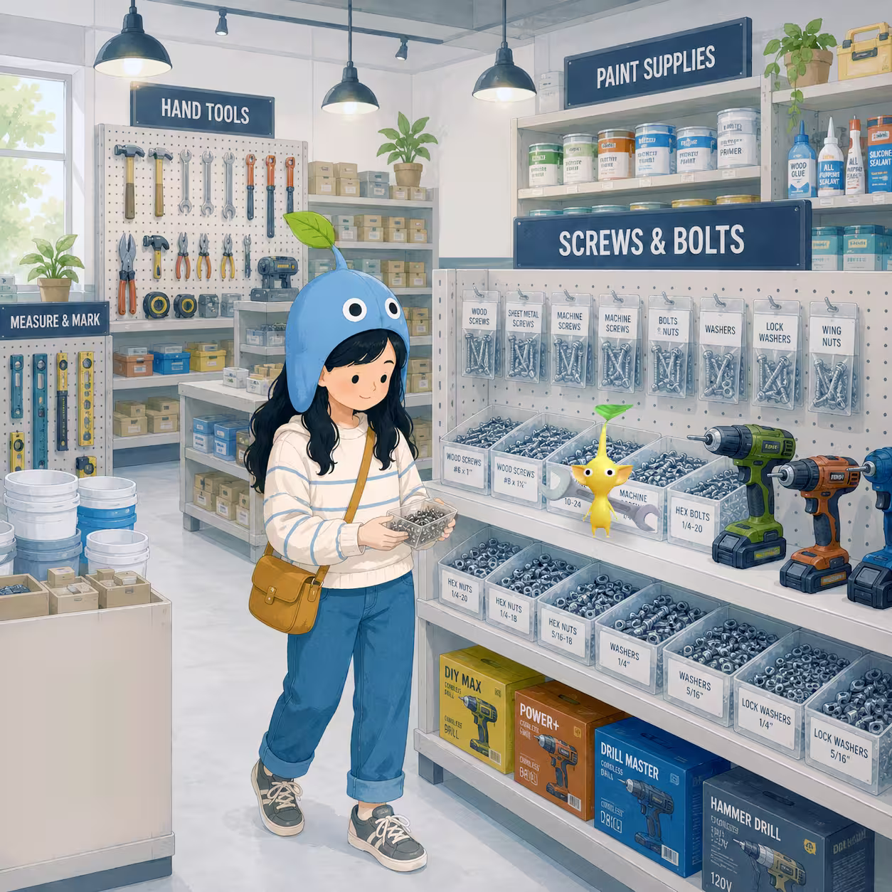Girl at a DIY store with DIY Store Decor Pikmin-style companions