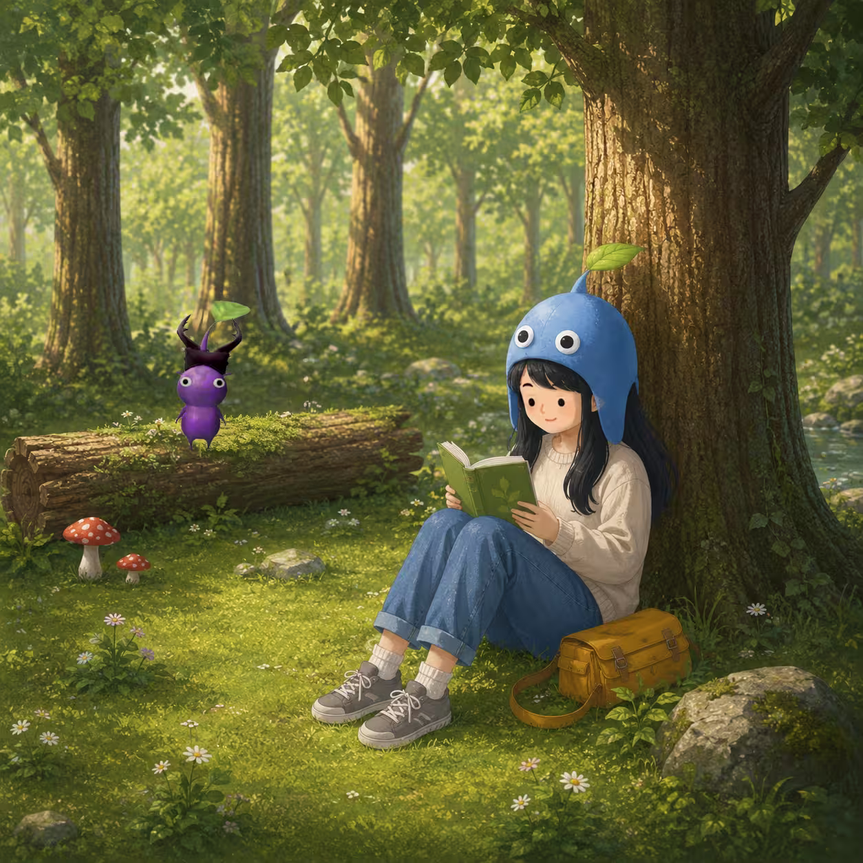 Girl in a forest with Forest Decor Pikmin-style companions