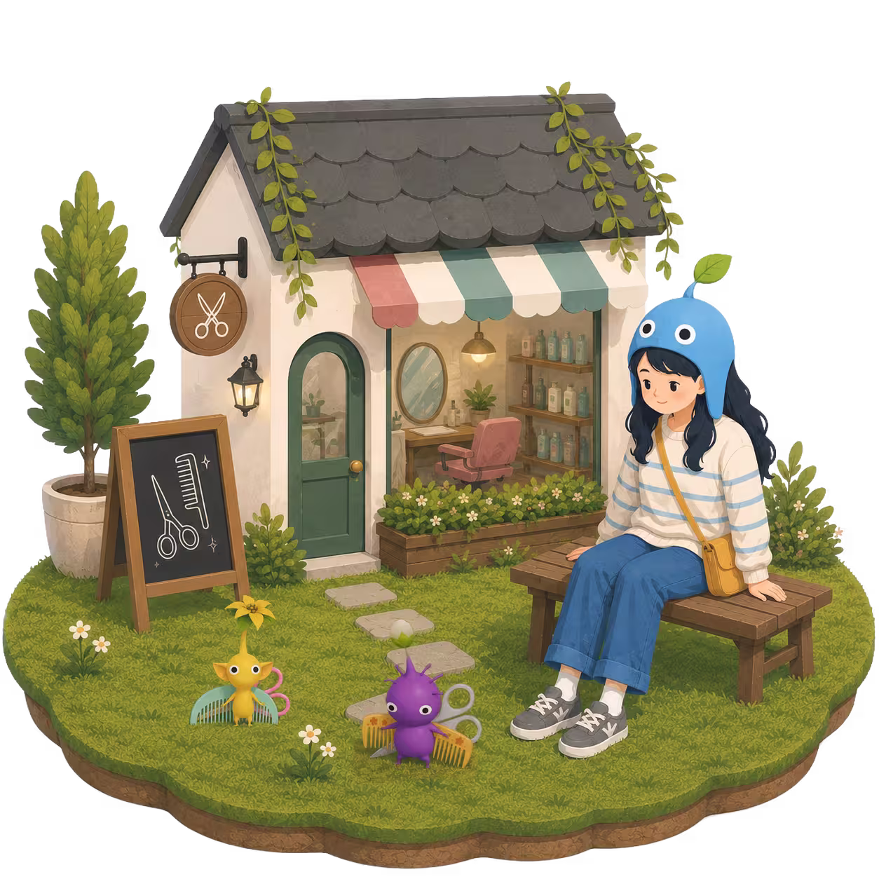 Girl at a hair salon with Hair Salon Decor Pikmin-style companions