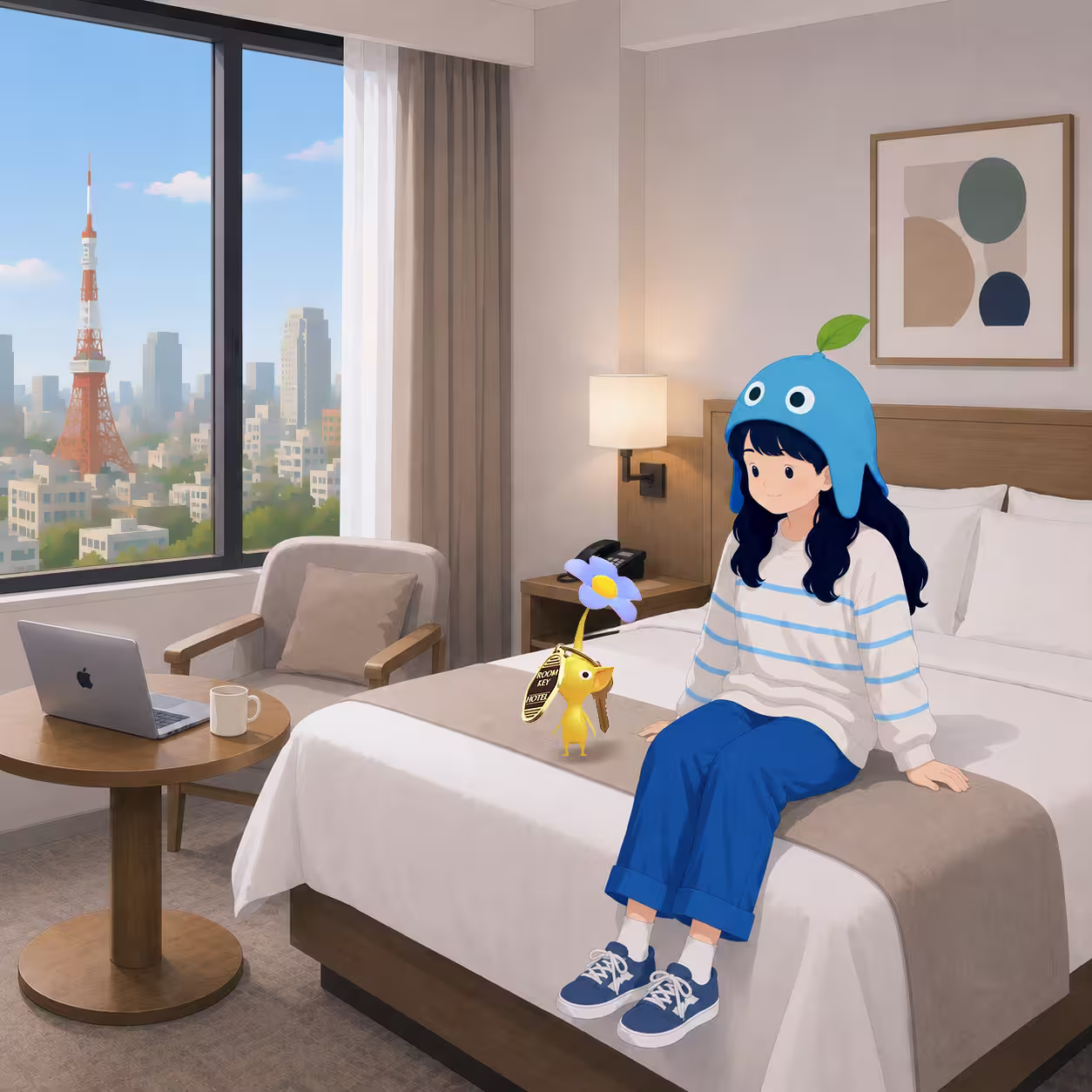 Girl at a hotel with Hotel Decor Pikmin-style companions
