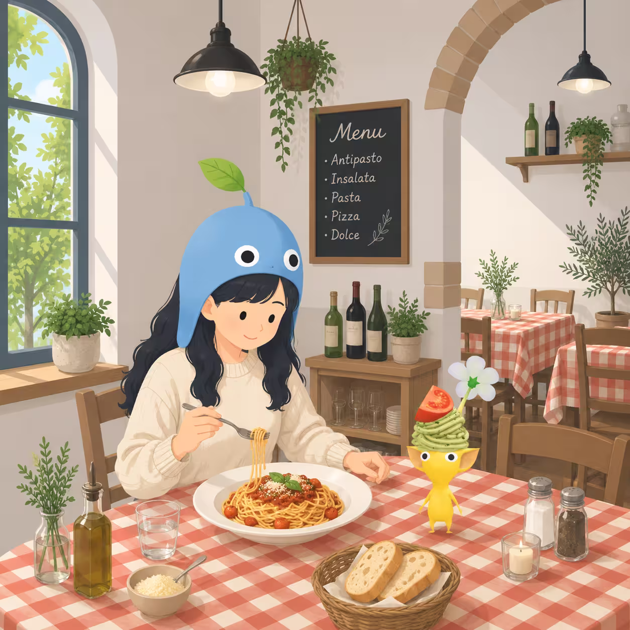 Girl at an Italian restaurant with Italian Restaurant Decor Pikmin-style companions
