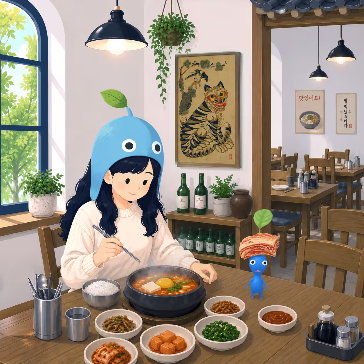 Girl at a Korean restaurant with Korean Restaurant Decor Pikmin-style companions
