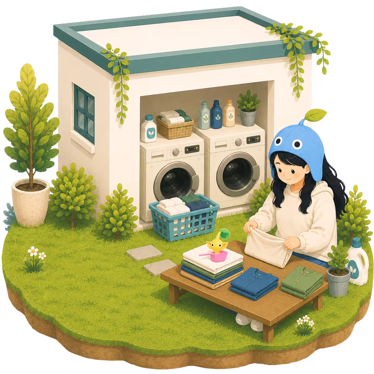 Girl at a laundromat with Laundromat Decor Pikmin-style companions