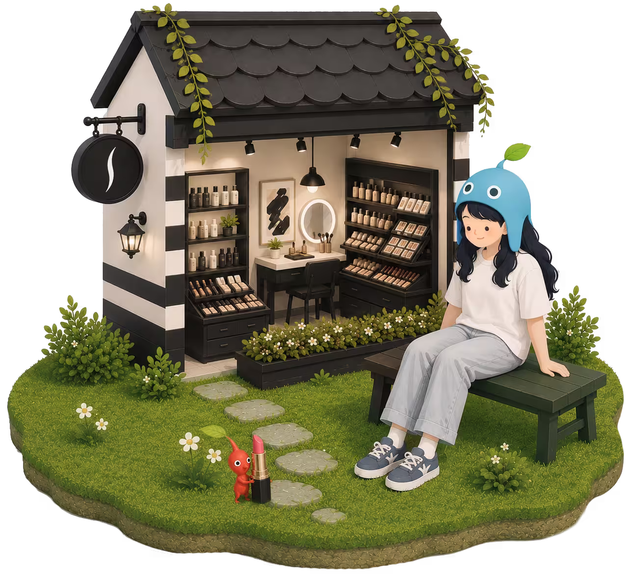 Girl at a makeup store with Makeup Store Decor Pikmin-style companions