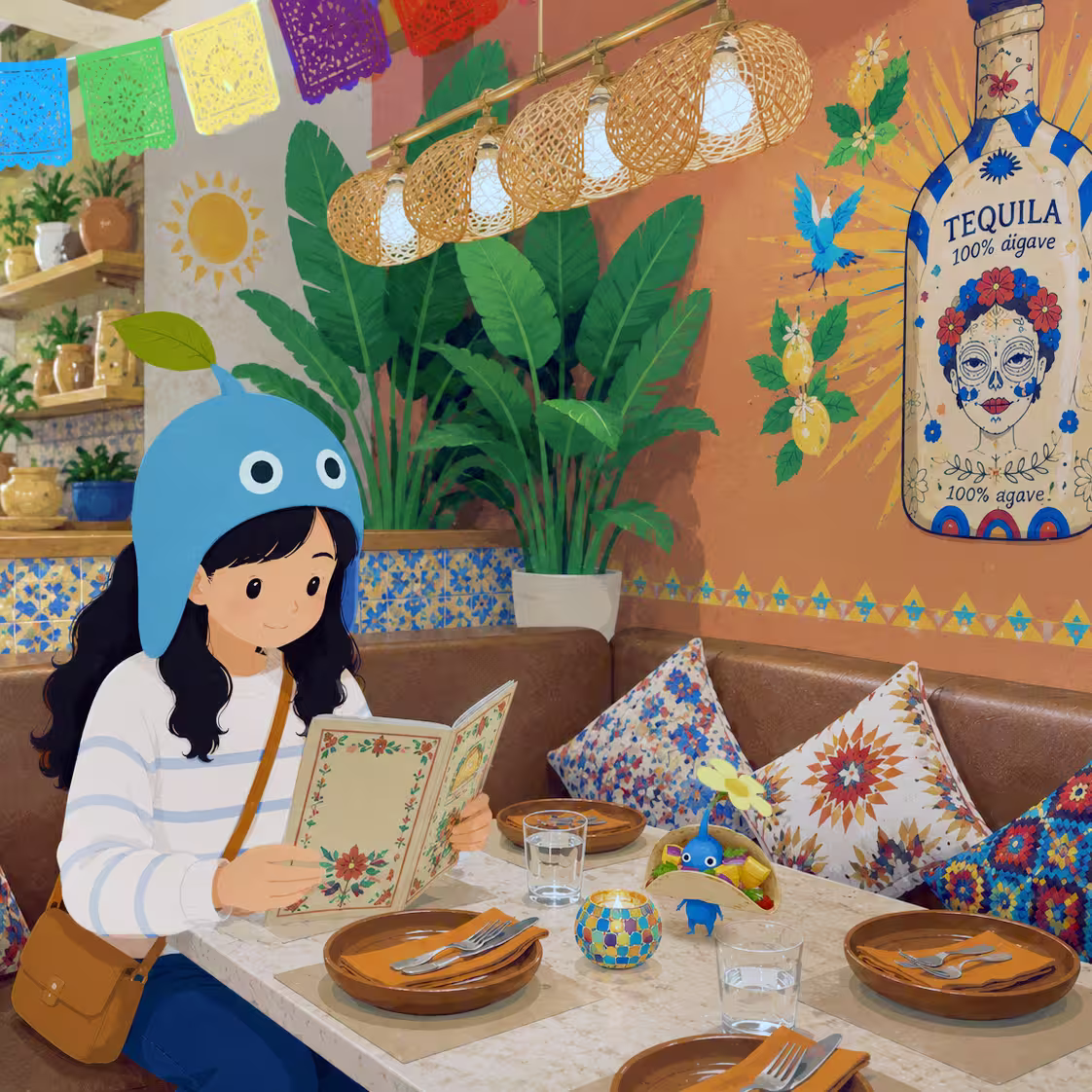 Girl at a Mexican restaurant with Mexican Restaurant Decor Pikmin-style companions