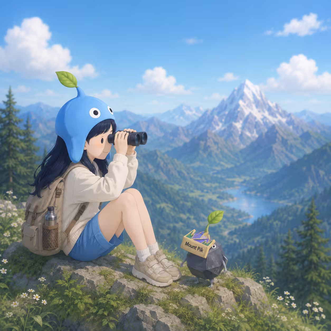 Girl on a mountain with Mountain Decor Pikmin-style companions