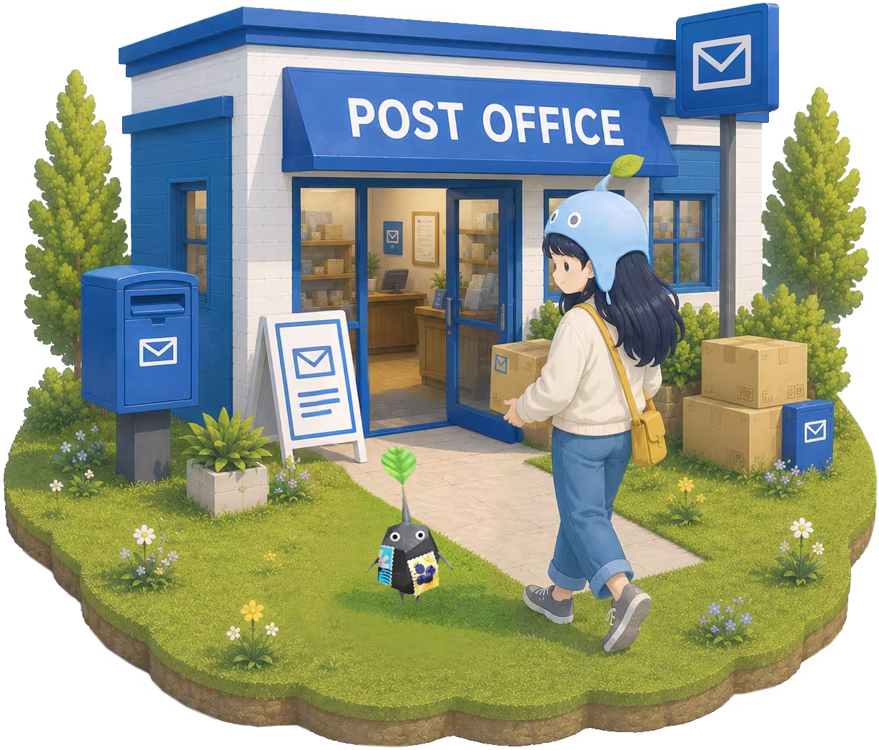 Girl at a post office with Post Office Decor Pikmin-style companions
