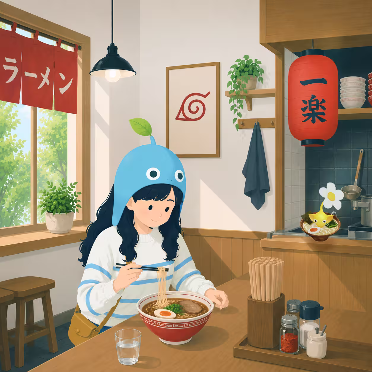 Girl at a ramen restaurant with Ramen Restaurant Decor Pikmin-style companions