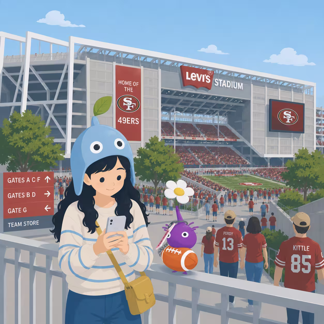 Girl at a stadium with Stadium Decor Pikmin-style companions