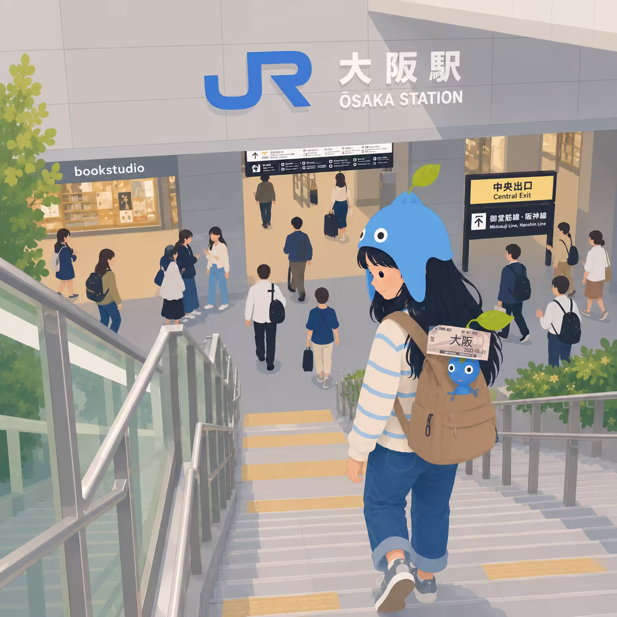 Girl at a station with Station Decor Pikmin-style companions