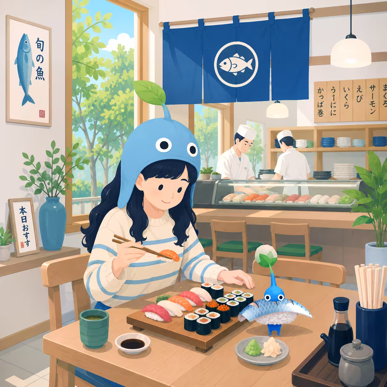 Girl at a sushi restaurant with Sushi Restaurant Decor Pikmin-style companions