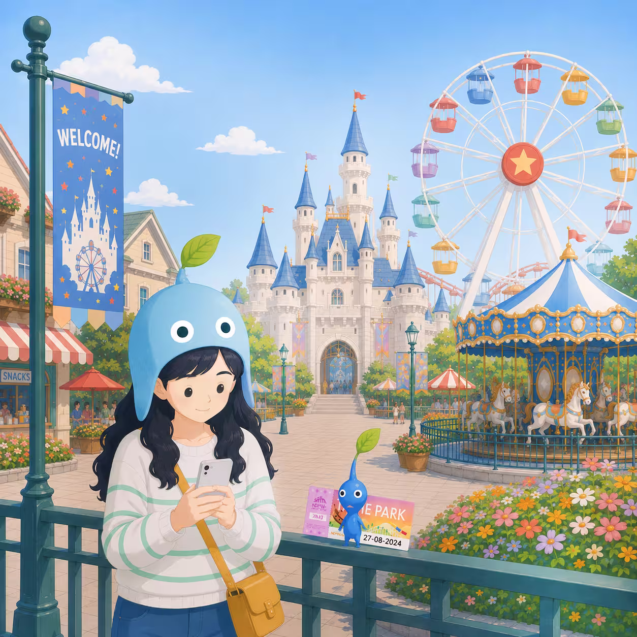 Girl at a theme park with Theme Park Decor Pikmin-style companions