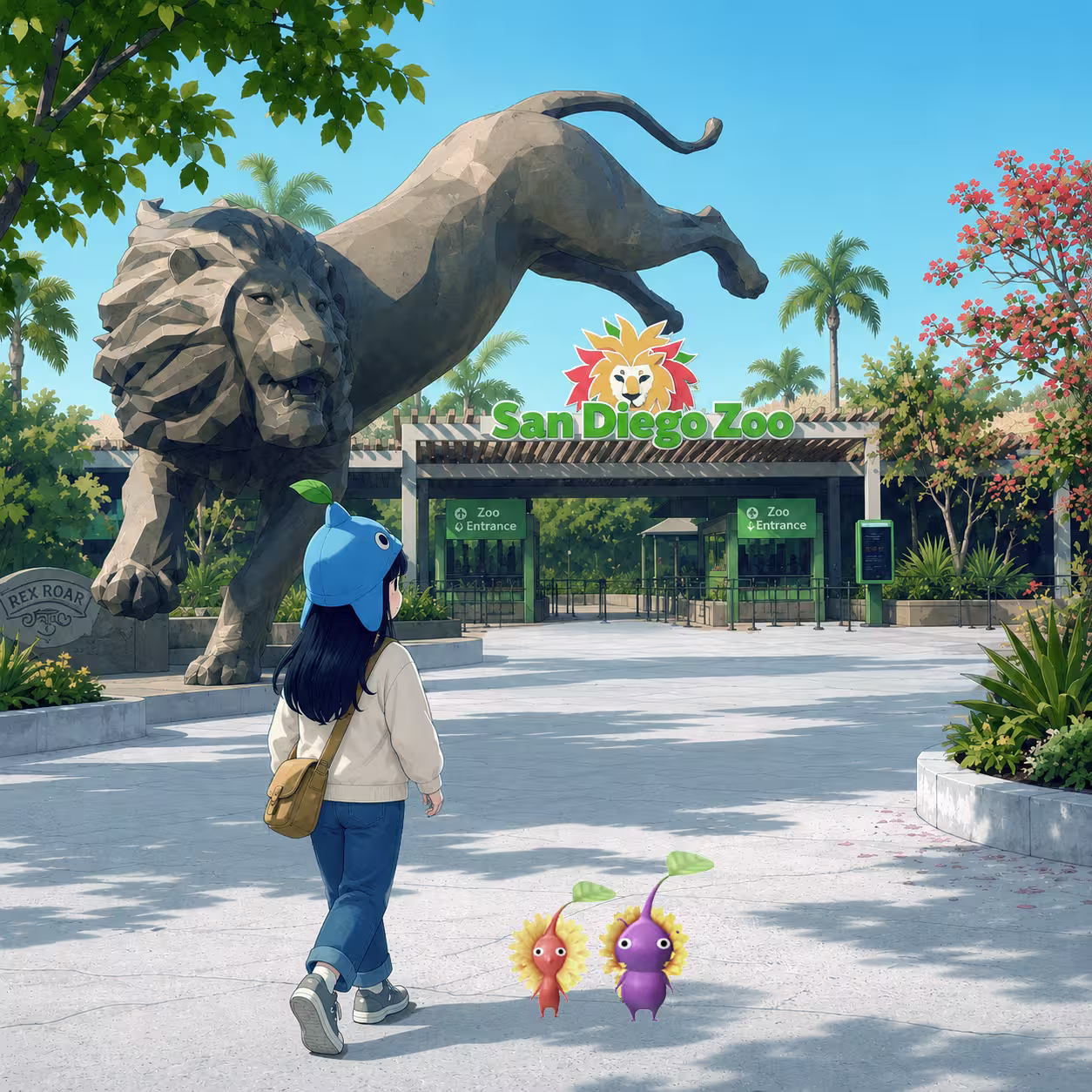 Girl at a zoo with Zoo Decor Pikmin-style companions