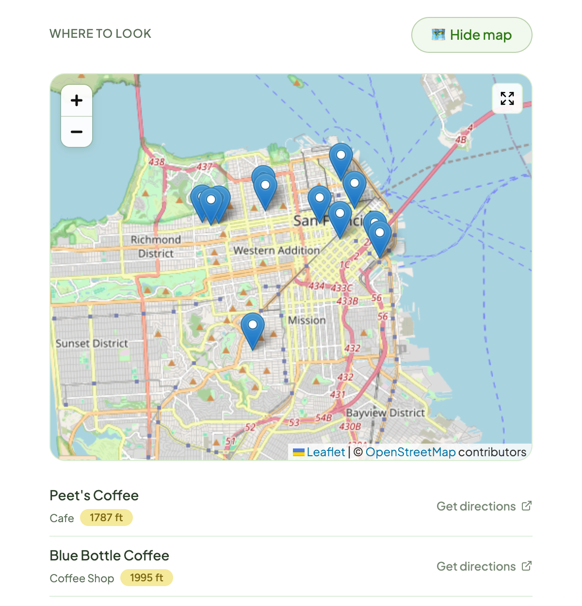 PikGarden Decor Finder map showing possible nearby decor locations